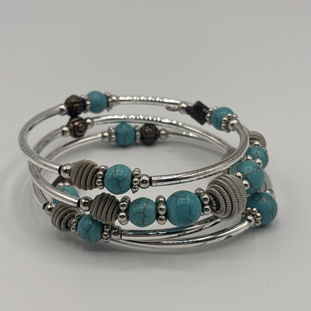 Silver Toned Layered Wrap Bracelet With‎ Turquoise Beads